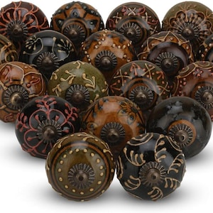 Hand-Painted Ceramic Cabinet Knobs | Rustic Brown Drawer Pulls, Antique Brass Hardware