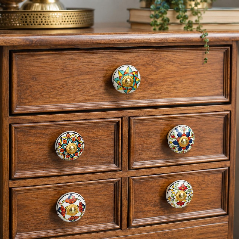 Hand Painted Ceramic Drawer Knobs, Colorful Floral Boho Furniture Hardware image 4