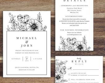 SARZANA Flowers wedding invitation set template, elegant wedding set, green invitation suite, printable set, Templett instant download