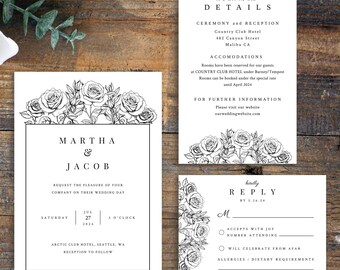 FIRENZE Roses wedding invitation set template, elegant wedding set, green invitation suite, printable set, Templett instant download