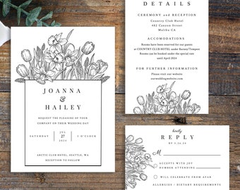 TORINO Tulips wedding invitation set template, elegant wedding set, green invitation suite, printable set, Templett instant download