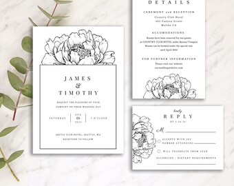 ASSISI Peony wedding invitation set template, elegant wedding set, green invitation suite, printable set, Templett instant download