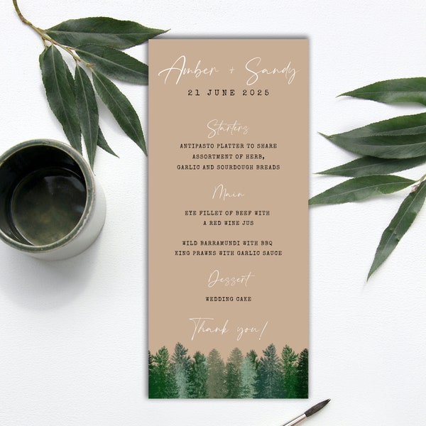 Forest paper kraft wedding menu template, wedding menu download, editable menu, printable wedding menu, table menu, greenery menu | WOODLAND