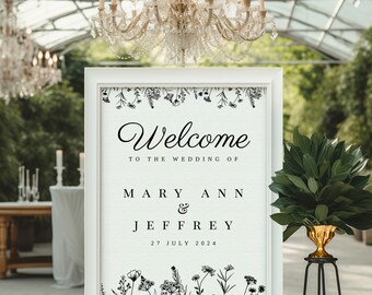 VICENZA Wedding welcome sign template, elegant welcome to our wedding sign, printable vertical sign, Templett editable sign, botanical sign