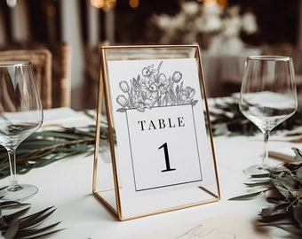 TORINO Editable wedding table number template with tulips, greenery table numbers, printable wedding table number, botanical table sign