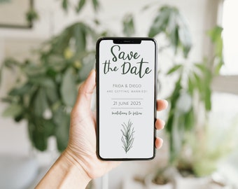 EUTERPE Electronic Save the Date invitation, smartphone e-vite, digital template, green olive save the date, Templett editable invites