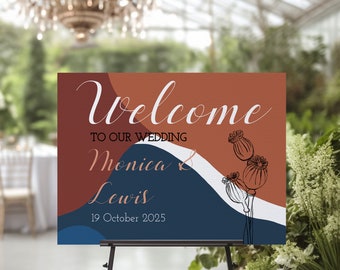 Wedding welcome sign autumn template, colorful welcome sign, printable landscape sign, editable wedding sign, blue orange sign | QUERCIA