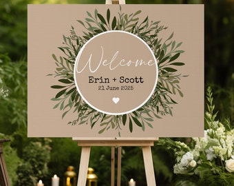 Wedding welcome sign leafy template, paper kraft welcome sign, printable landscape sign, editable online wedding sign, greenery sign | LEAFY