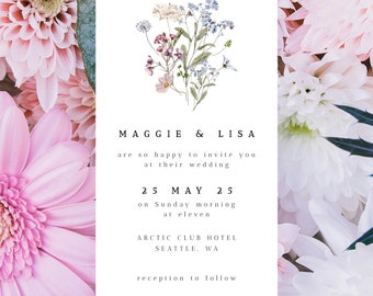 Wedding simple bouquet invitation, Printable Wedding Invites Template, Editable floral invites, Botanical Wedding Invite, classic invite