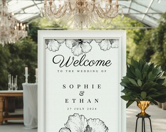 LIPARI Wedding welcome sign template, elegant welcome to our wedding sign, printable vertical sign, Templett editable sign, botanical sign