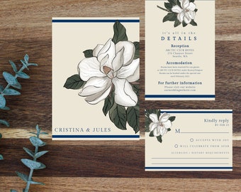 Magnolia wedding invitation set template, elegant wedding set, cream blue invitation suite, RSVP and details magnolia template, classic set