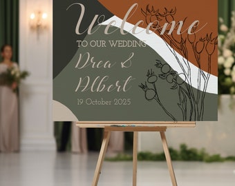 Wedding welcome sign autumn template, colorful welcome sign, printable landscape sign, editable wedding sign, green orange sign | CASTAGNO