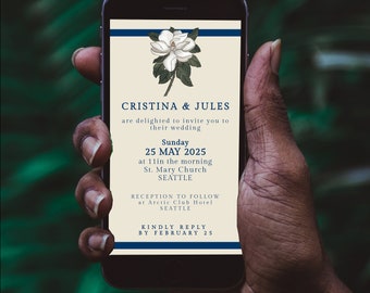 Wedding electronic invitation with magnolia, smartphone e-vite, cream blue mobile invite, telephone marriage invitation, editable invites