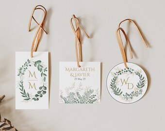 Set of favor greenery tags template, wedding favor tags printable, gold monogram tag, leaves wreath tag, editable botanical tag | GREENERY