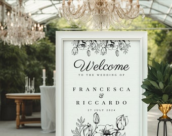 RAVENNA Wedding welcome sign template, elegant welcome to our wedding sign, printable vertical sign, Templett editable sign, botanical sign