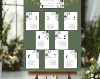 Wedding seating chart template, elegant seating chart sign, table seating sign, flowers cards template for wedding seating plan | SARZANA