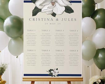 Magnolia wedding seating chart template, elegant seating chart sign, floral table seating sign, cream blue template for wedding seating plan