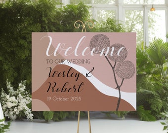 Wedding welcome sign autumn template, colorful welcome sign, printable landscape sign online, editable wedding sign, pink brown sign | NOCE