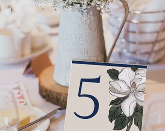 Magnolia editable wedding table number template, cream blue table numbers, printable wedding table number, botanical table sign