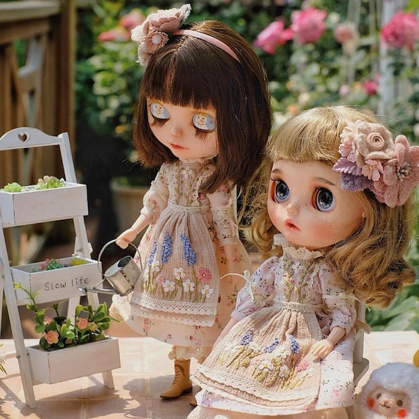 Handmade embroidery Blythe Doll Dress: Tea-Dyed Embroidery Outfit for 1/6 BJD and Jenny Ricca