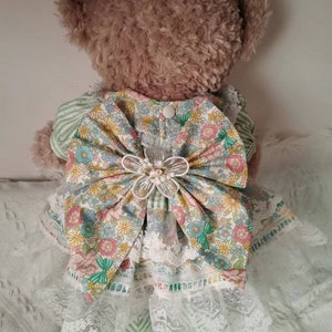 Puede incluir: Un oso de peluche marr&oacute;n que lleva un vestido a rayas verdes y blancas con estampado floral y un gran lazo blanco. El vestido tiene un borde de encaje y un bot&oacute;n blanco en la espalda.