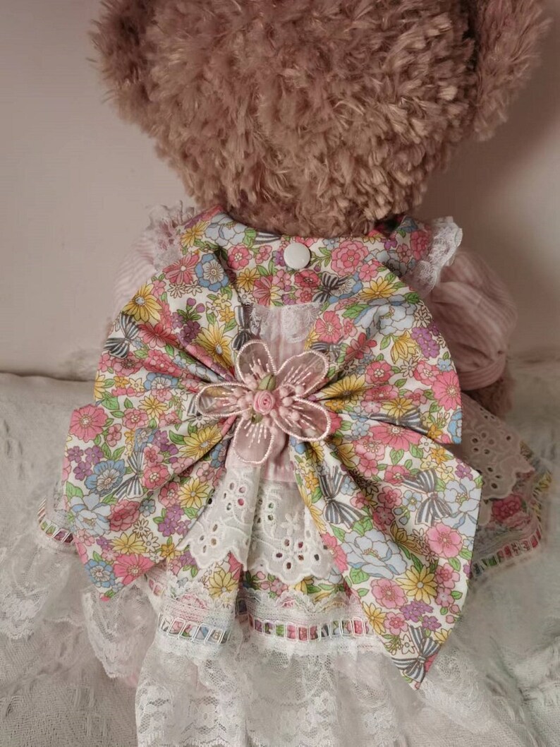 Puede incluir: Un vestido de estampado floral rosa y blanco con un gran lazo rosa y ribete de encaje blanco. El vestido lo lleva un oso de peluche marr&oacute;n.