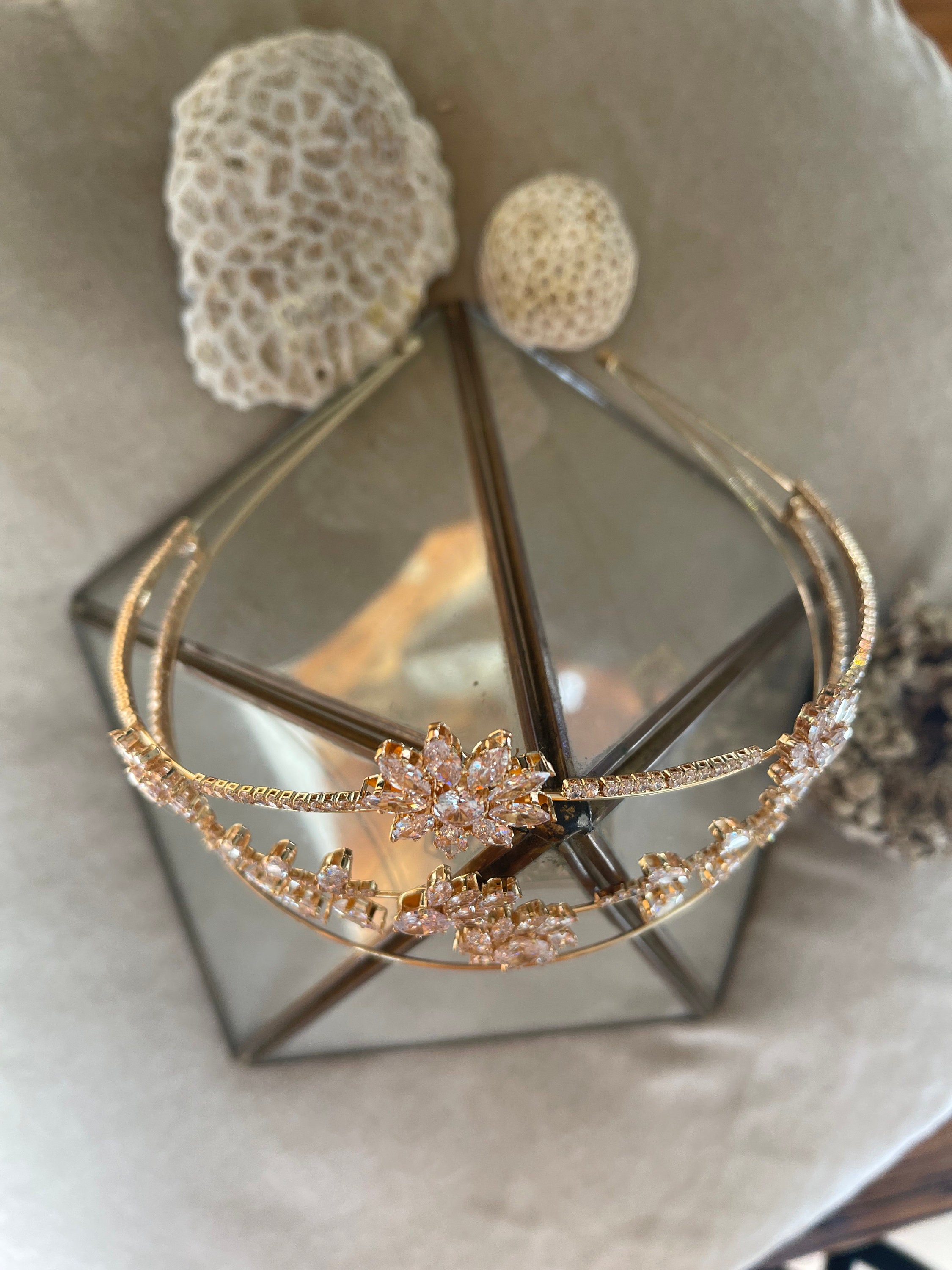 6.5cm Tall Heart Flower Leaf Full Crystal AB Colour Tiara