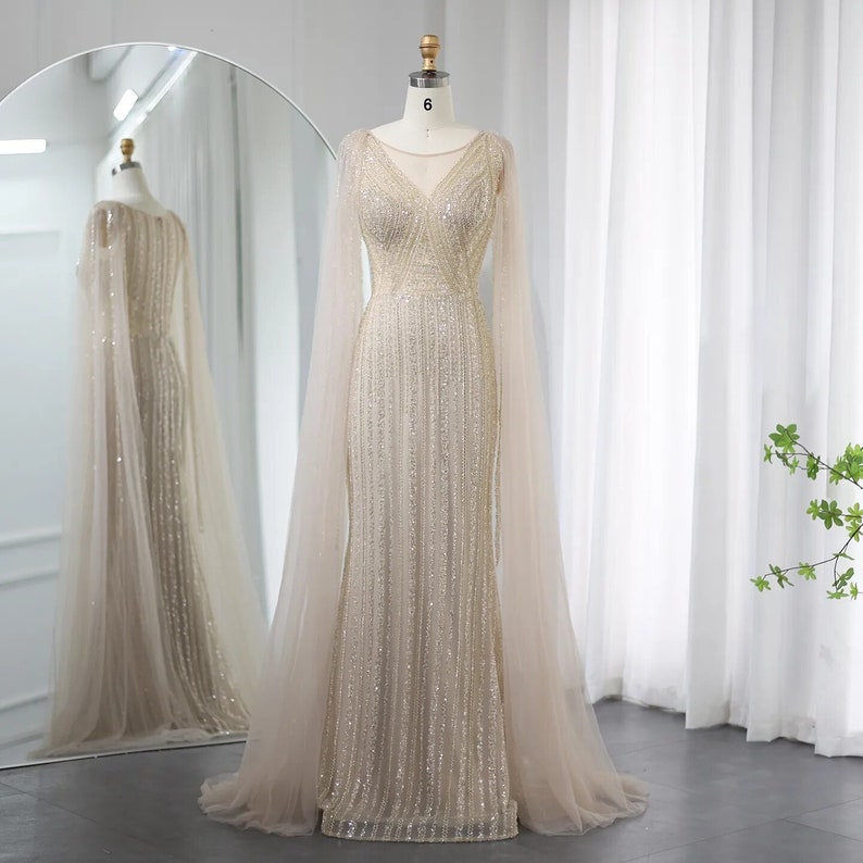 Ivory & Champagne Wedding Dress with Sparkling Hand Beaded Crystals and Long Veil Cape, Warm Ivory Bridal Gown ICON image 4