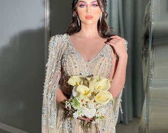 Celestial Wedding Dress in all Crystal With Bat Wing Sleeves, Arabic Inspired Bridal Gown With Long Cape ~ PHANTOM