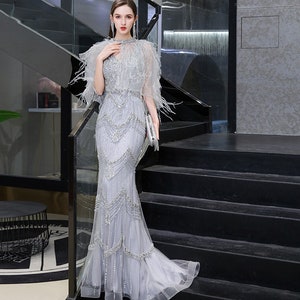 Gatsby Vintage Style Wedding Dress Evening Formal Dress, With Crystal beading, 1920s Feathered Dress in Silver  ~  NOEL