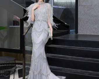 Gatsby Vintage Style Wedding Dress Evening Formal Dress, With Crystal beading, 1920s Feathered Dress in Silver  ~  NOEL