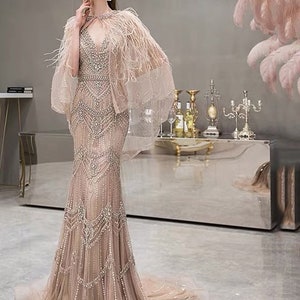 Gatsby Vintage Style 20’s Pink Wedding Dress With Crystal beading & Ostrich feather, in Caramel Pink Blush ~ NOELLE