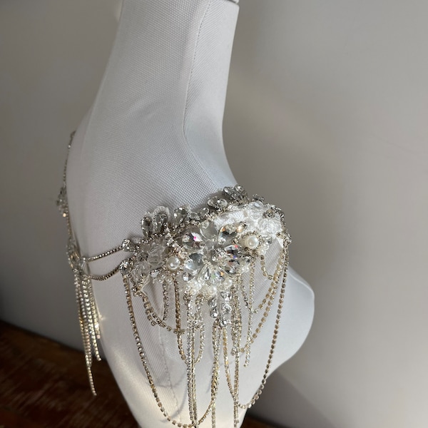 Flower Lace Body Chain With Pearl Beading and Crystal, Unique shoulder Chain for Bride DEW