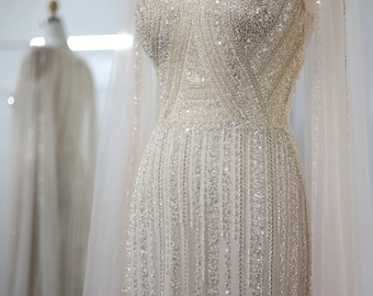Ivory & Champagne Wedding Dress with Sparkling Hand Beaded Crystals and Long Veil Cape, Warm Ivory Bridal Gown ~ ICON ~
