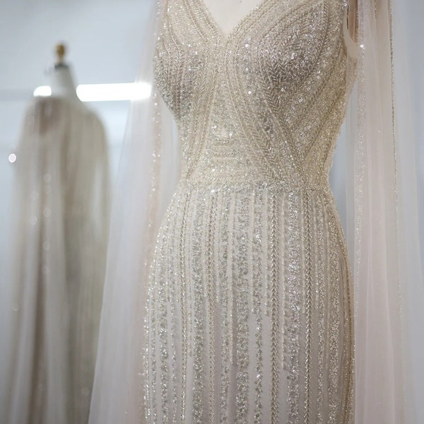Ivory & Champagne Wedding Dress with Sparkling Hand Beaded Crystals and Long Veil Cape, Warm Ivory Bridal Gown ~ ICON ~