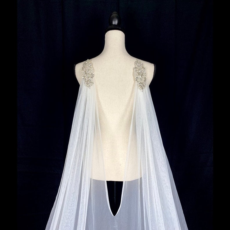 Bridal Wedding Shoulder Watteau Veil With Shoulder Rhinestones, Wedding Cape with Train FABLE image 6