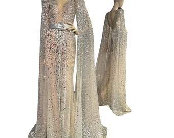 Celestial Wedding Dress in all Sequins With Bat Wing Sleeves, Arabic Inspired Crystal Bridal Gown With Long Cape ~ MILLENIA