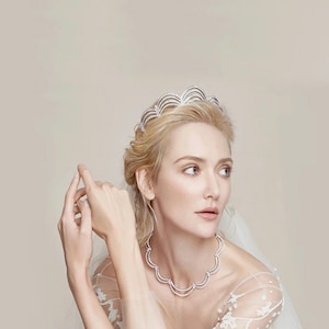 Crystal Bridal Headpiece Crown, Silver Vintage Style Tiara in Art Deco Scalloped Design~ DECO