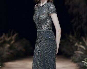 Dark Beaded Wedding Dress, Sparkling Formal Evening Gown In Blue Grey - HATHAWAY AT NIGHT