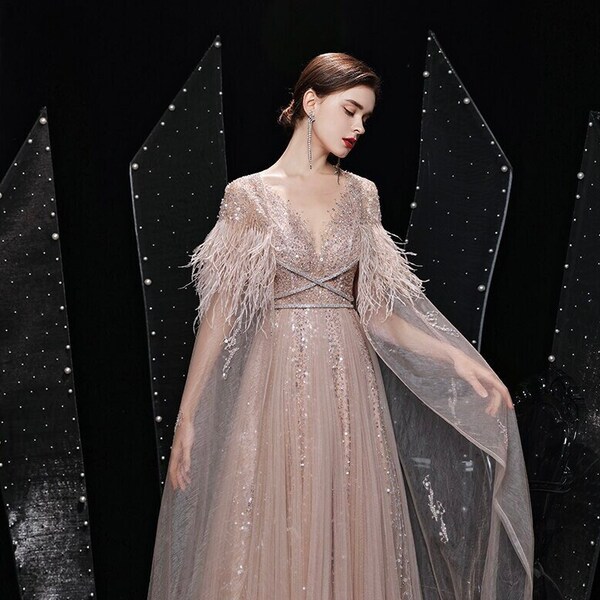 Romantic Pink Wedding Dress With Cape , Evening Gown or Prom Dress in Tulle with stunning feather cape and sequinned A Line Skirt ~ AFFRIEL