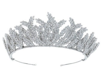 Silver Crystal Wedding Tiara, Crystal Leaf Design Bridal Headpiece ~  ARDENT