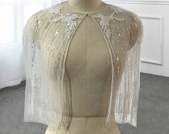 Hand Beaded Bridal Cape in Ivory With Art Deco Style & Crystals  ~ SHILAH