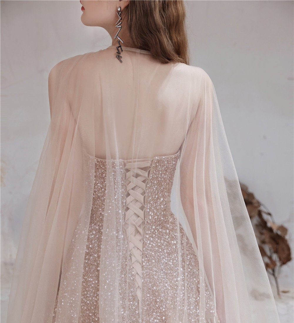 Pink Beaded Wedding Dress With Cape Evening Gown in Pink | Etsy