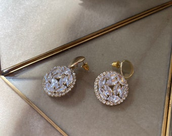 Crystal Bridal Earrings, Sparkling Wedding Earring Accessories in Clustered Cubic Zirconia & Gold ~ THEMES