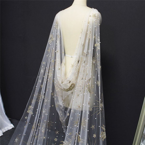 Star and Moon Pearl Sparkling Bridal Cape, Celestial Wedding Veil PROSPERO