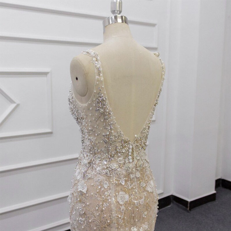 Floral Lace Wedding Dress Champagne Beaded Bridal Gown With Etsy