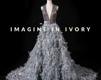 Frilly Feathered Alternative Wedding Dress or formal gown with velvet beaded bodice. In any custom colour ~  PLUME