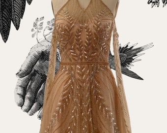 Gold Wedding Dress With Leafy Beaded Pattern, Fairytale Formal Dress in Light Silver or Gold ~ RIVERS ~
