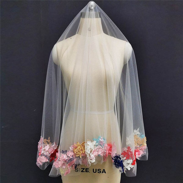 Colourful Bridal Veil, Floral Lace Trim wedding veil in Tulle & Lace  FESTIVAL
