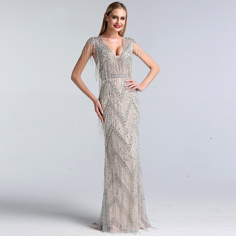 Unique Gatsby Evening Dress, 20s Wedding Dress in Hollywood Starlet Style 20s Wedding Dress in Silver DEMI image 2